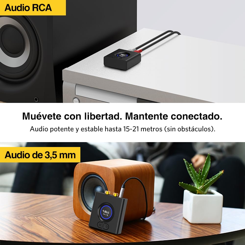 1Mii Receptor Bluetooth HiFi para Sistema Estéreo, Adaptador Audio Inalámbrico AUX/RCA Jack 3.5 con Refuerzo de Graves, Baja Latencia, 12H Autonomía para Amplificador, Coche y Altavoz