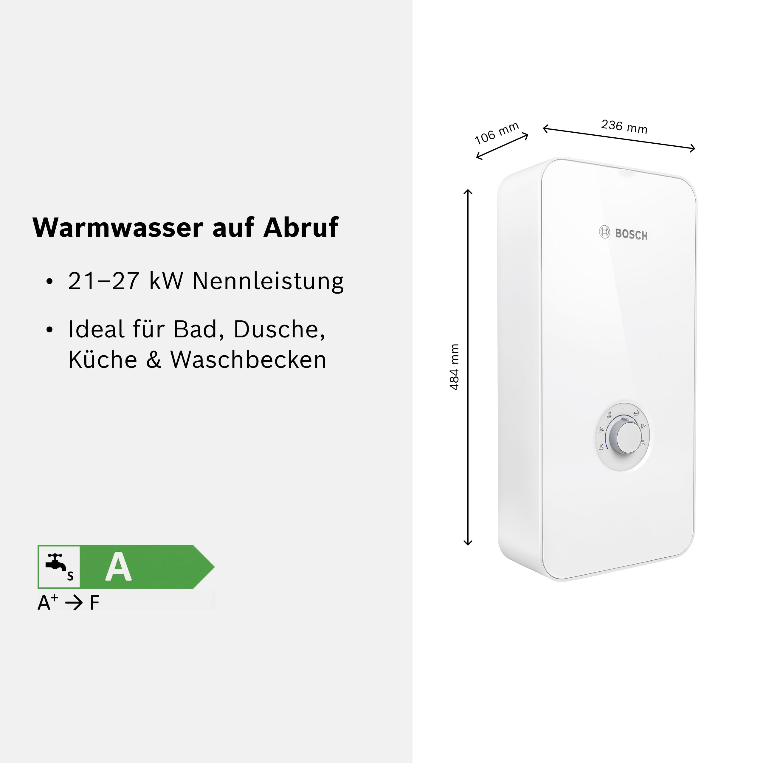Bosch elektronisch geregelter Durchlauferhitzer Tronic Comfort Plus 21/24/27 kW - Umschaltbar, druckfest, stufenlose Temperaturwahl, moderne Glas-Optik, weiß [Energieklasse A]