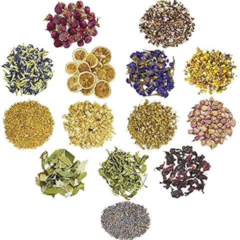 Tasnme Natural Dried Flowers Kit 14 Different Pure Nature Dried Flowers for Decoration DIY Soap Candles Resin Jewellery Bath Balls Lavender Rose Jasmine Osmanthus 6.65oz 14 Bags DIY Making Cover