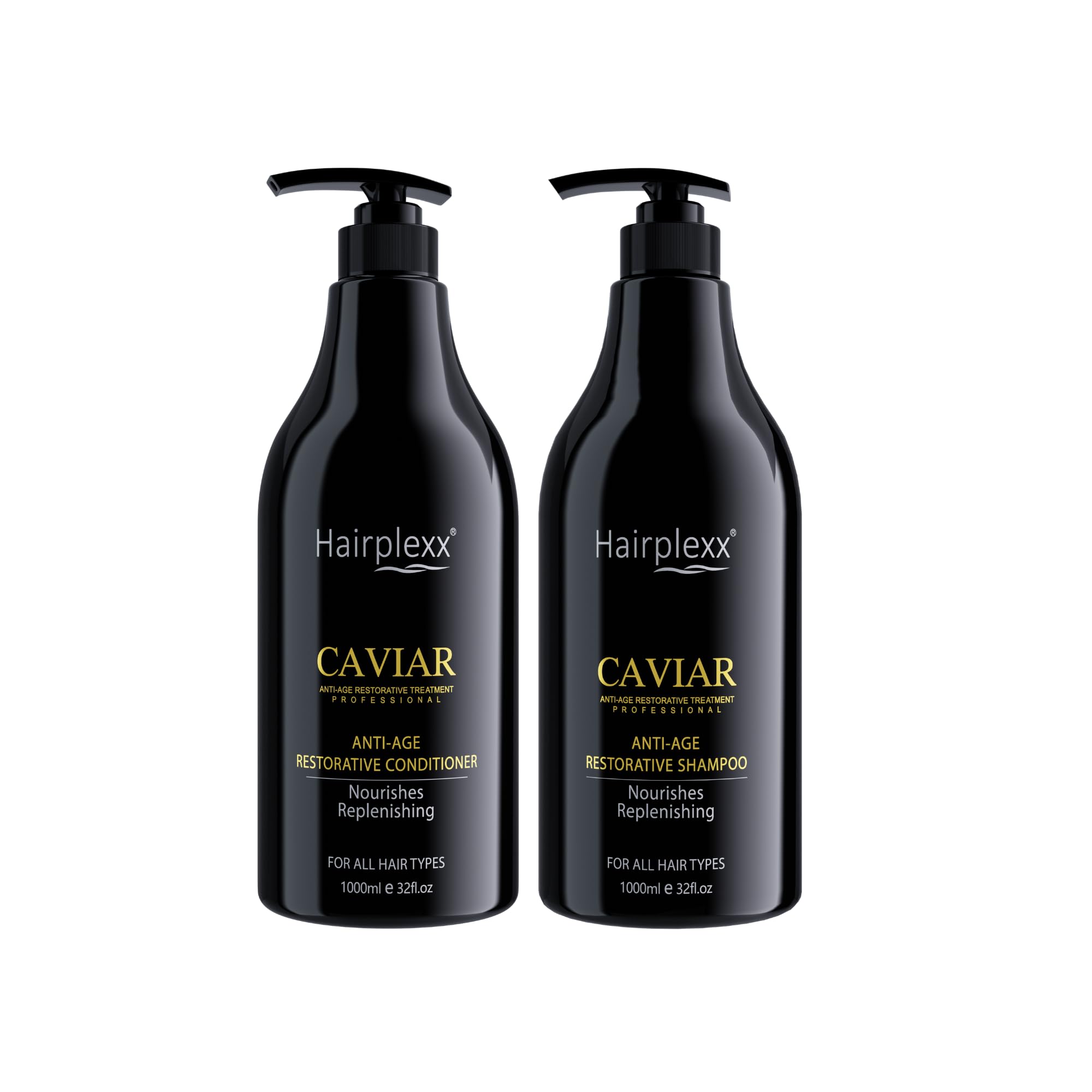 HAIRPLEXX CAVIAR ANTI-AGE RESTORATIVE TREATMENT PROFESSIONAL Shampoo & Conditioner Set l Hydrated Home Care Maintenance - Restore Hair Volume, Shine, Straight and Softness (1000ml)
