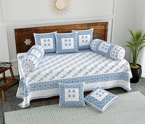 Image of BLOCKS OF INDIA 200Tc Diwan Set Cotton 8 Piece | Deewan Printed Bedsheet Sets For Living Room Hall (Set Of 8 Piece, 1-Bed Sheet | 2-Bolster Cover | 5-Cushion Cover (Color 19), Multicolor