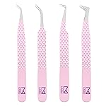 M LASH Tweezers for Eyelash Extensions (Set of 4) - Professional Lash Extension Tweezers - Fiber Tip, Japanese Steel, Diamond Grip Eyelash Extension Tweezer set (Lilac)