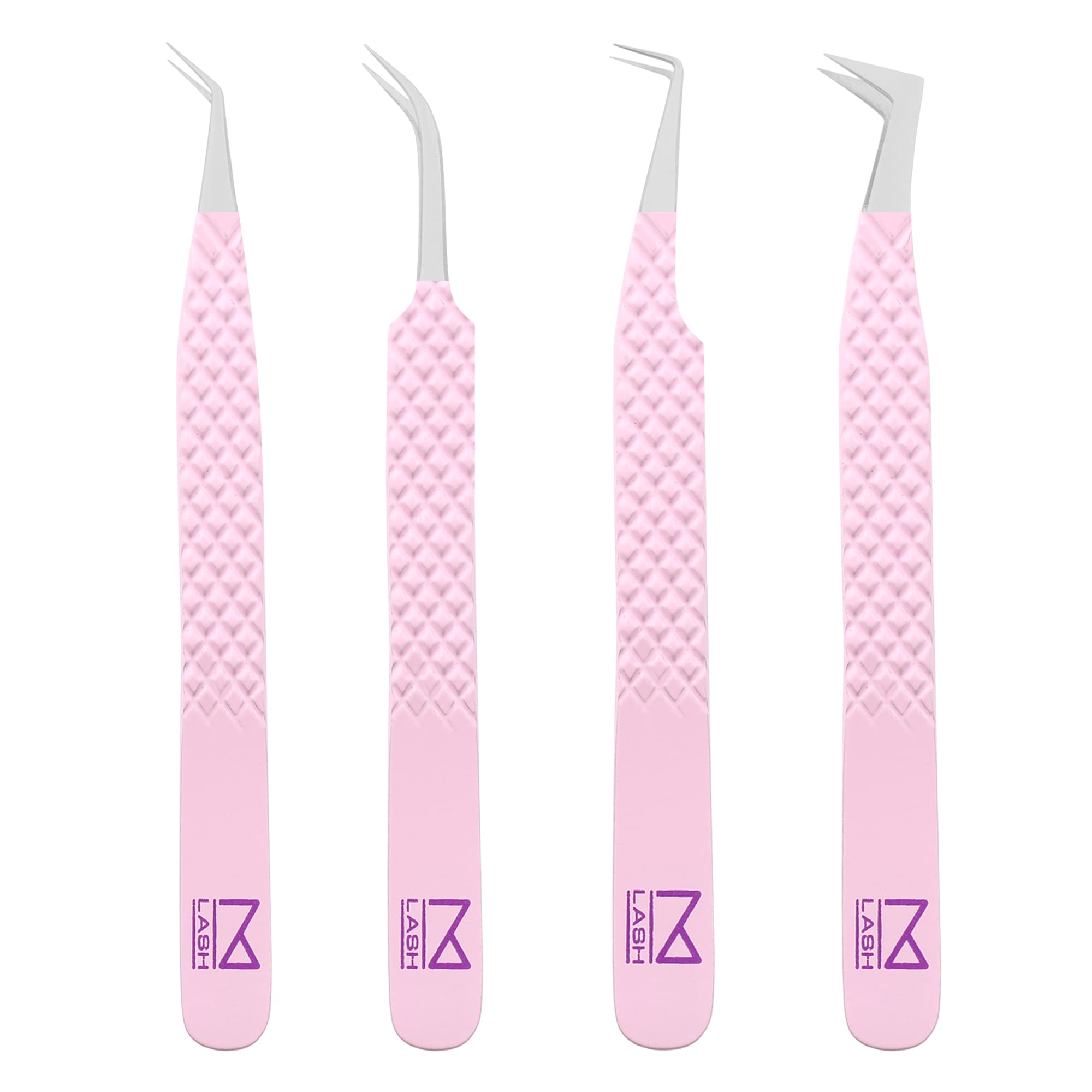 M LASH Tweezers for Eyelash Extensions (Set of 4) - Professional Lash Extension Tweezers - Fiber Tip, Japanese Steel, Diamond Grip Eyelash Extension