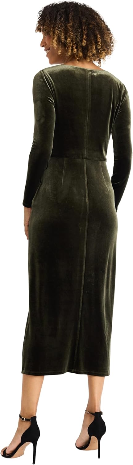Maggy London Womens V Neck Midi Dress W/Draped Knot at Waist and Slit - Image 3