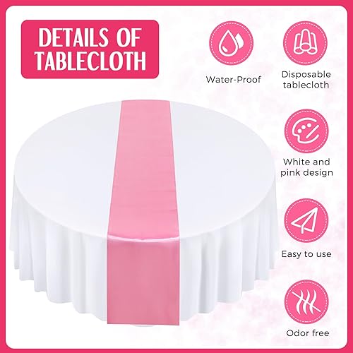 Miniatura 3 de Tudomro Juego de 8 manteles redondos de plástico y camino de mesa de satén de 12 x 108 pulgadas, manteles redondos de 84 pulgadas para fiestas,