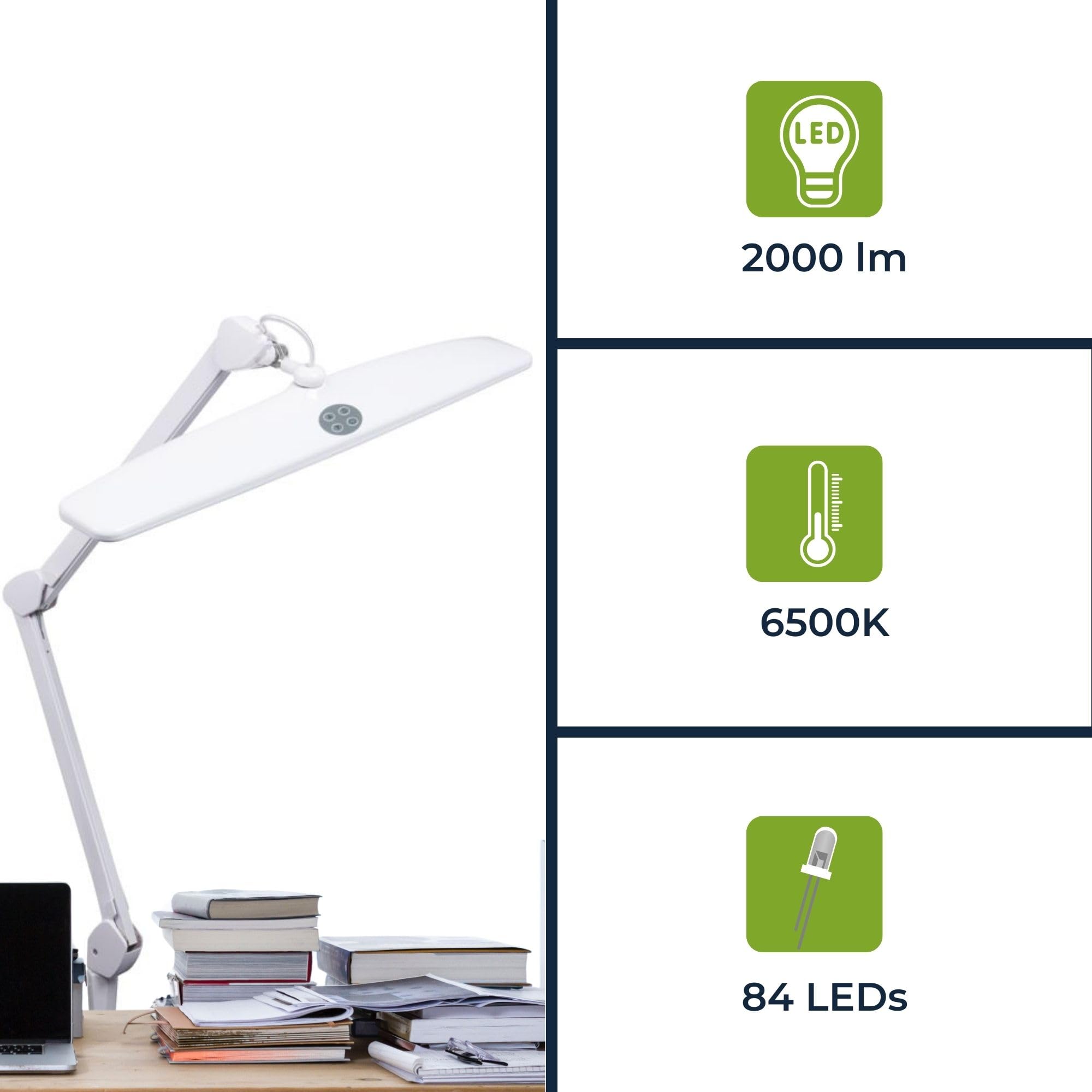 Velleman led schreibtischlampe mit klemme, schwenkarm, dimmbar, 84 leds, 58 cm breit, 21W, 6500K, 2000 lumen, hoher cri, energieeffizient, modernes design, weiß