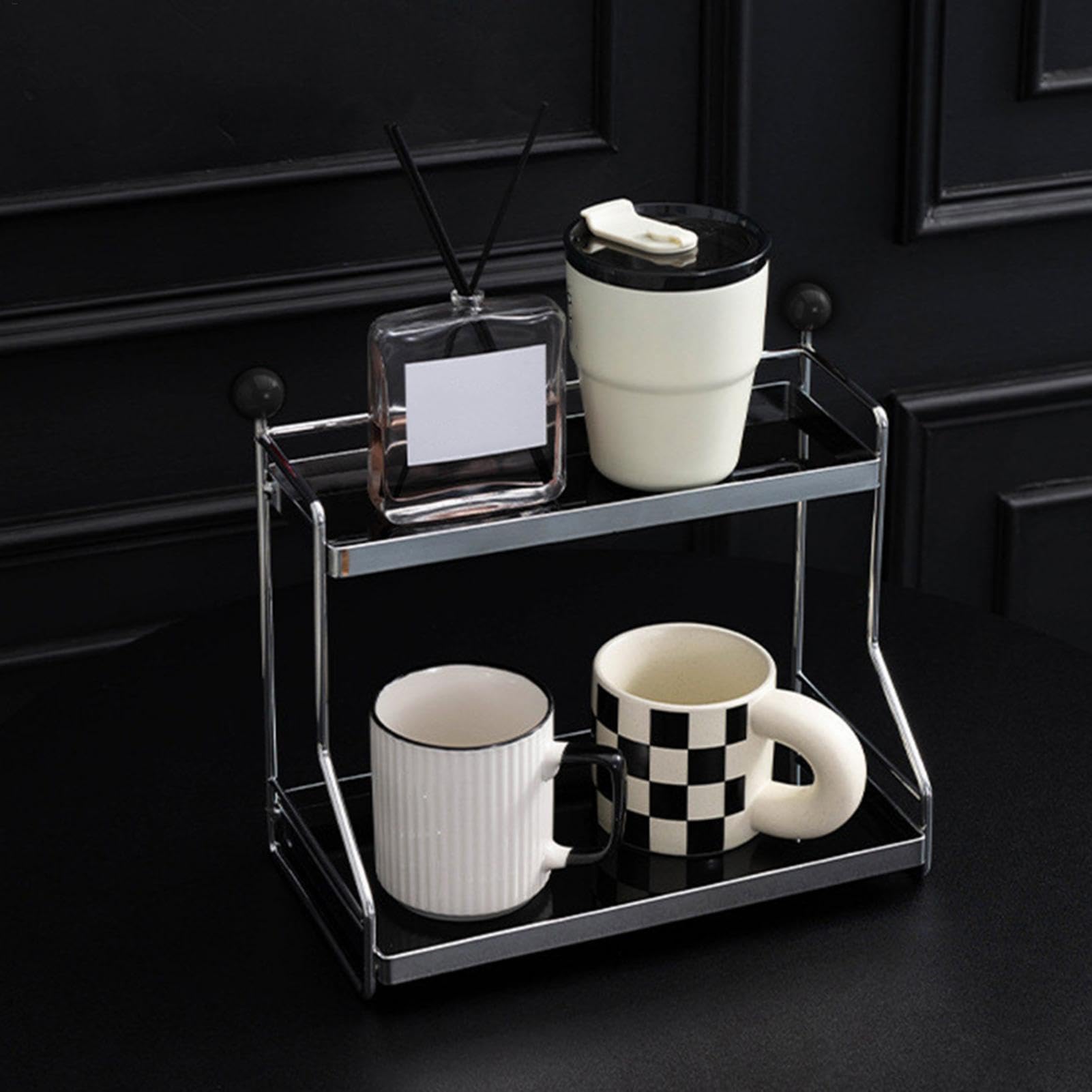 Organizer na kubki do kawy, 2-poziomowy stojak na kubki, wolnostojący stojak na kubki, 29,3 x 15,8 x 26,5 cm, półka do przechowywania filiżanek do kawy i ziaren, projekt do kuchni lub biura