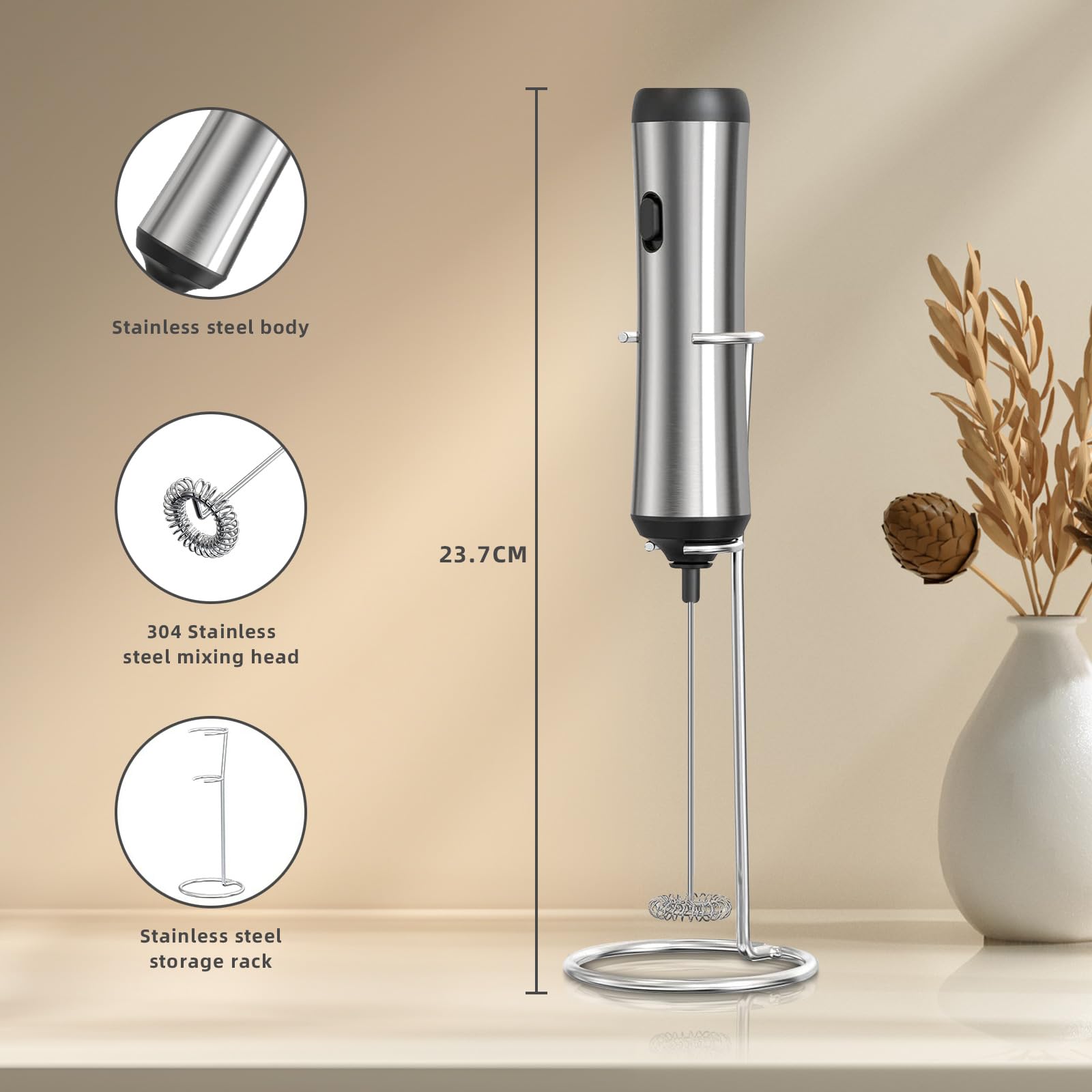 Mousseur à Lait électrique USB Rechargeable - 3 Vitesses, Tête Inox Amovible, Pour Cappuccino, Chocolat, Smoothie - 6