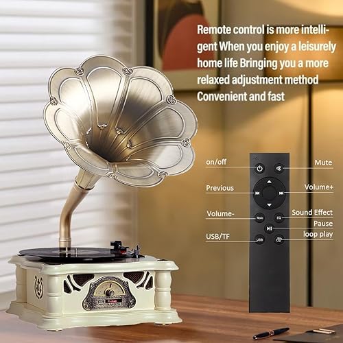 Miniatura 5 de Gramophone - Tocadiscos para DJ, tocadiscos de vinilo retro, tocadiscos de vinilo con bocina de vinilo, altavoz decorativo de gramófono con audio