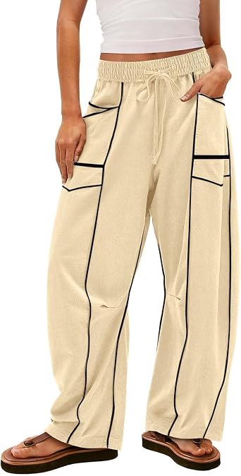 Womens Baggy Barrel Pants Drawstring Elastic High Waisted Wide Leg Sweatpants Dupe Patchwork Gym Yoga Jogger