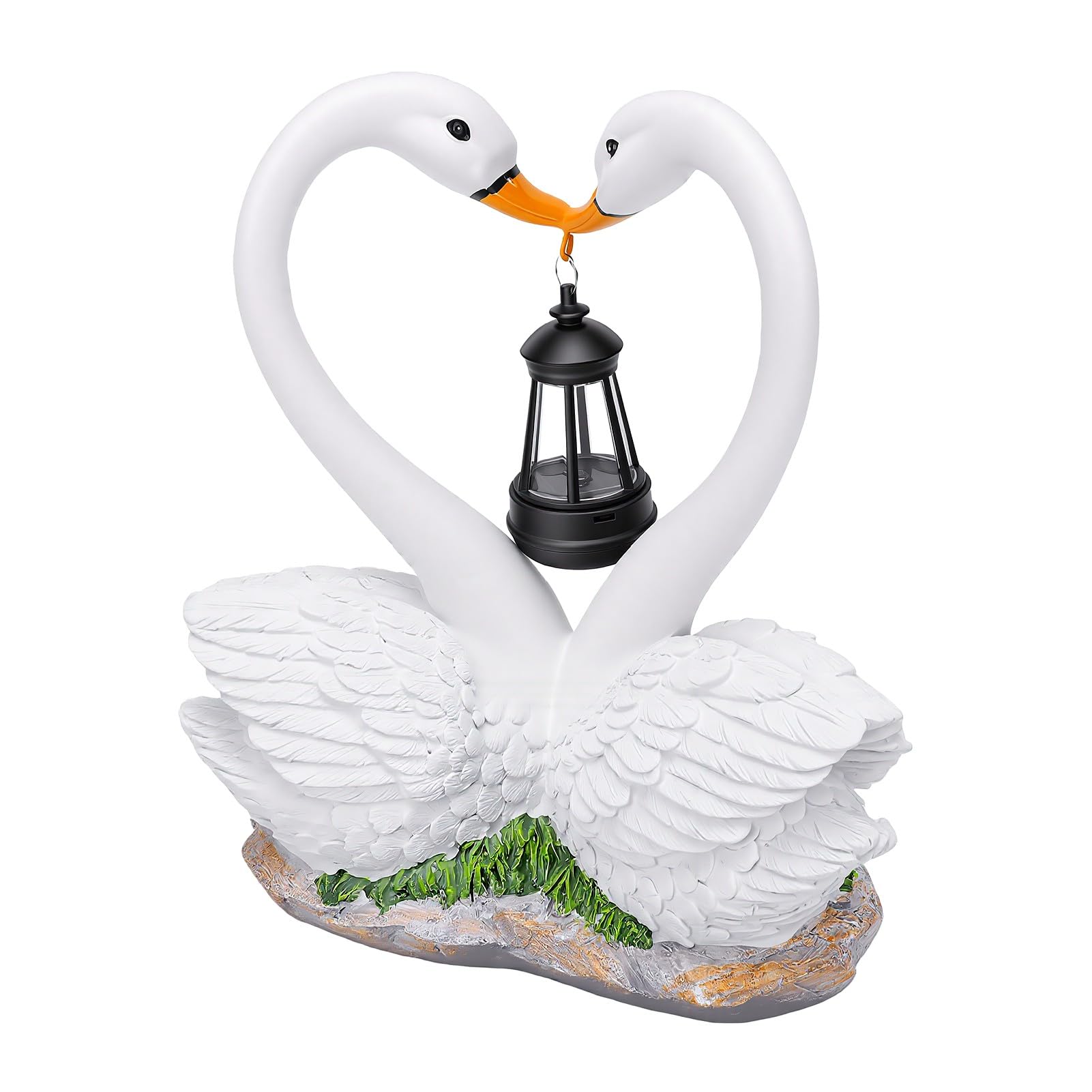 Gonetre Solar Swan Garden Statue with Hanging Lantern Light, 9.84in Resin