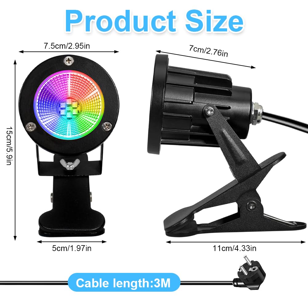 Foco LED de Pinza, 6W con Mando a Distancia & Interruptor Impermeable, Cable 3m & Enchufe EU, IP65 Resistente al Agua, Iluminación Interior Exterior Jardín Terraza, 15 Luz RGB + Luz Cálida
