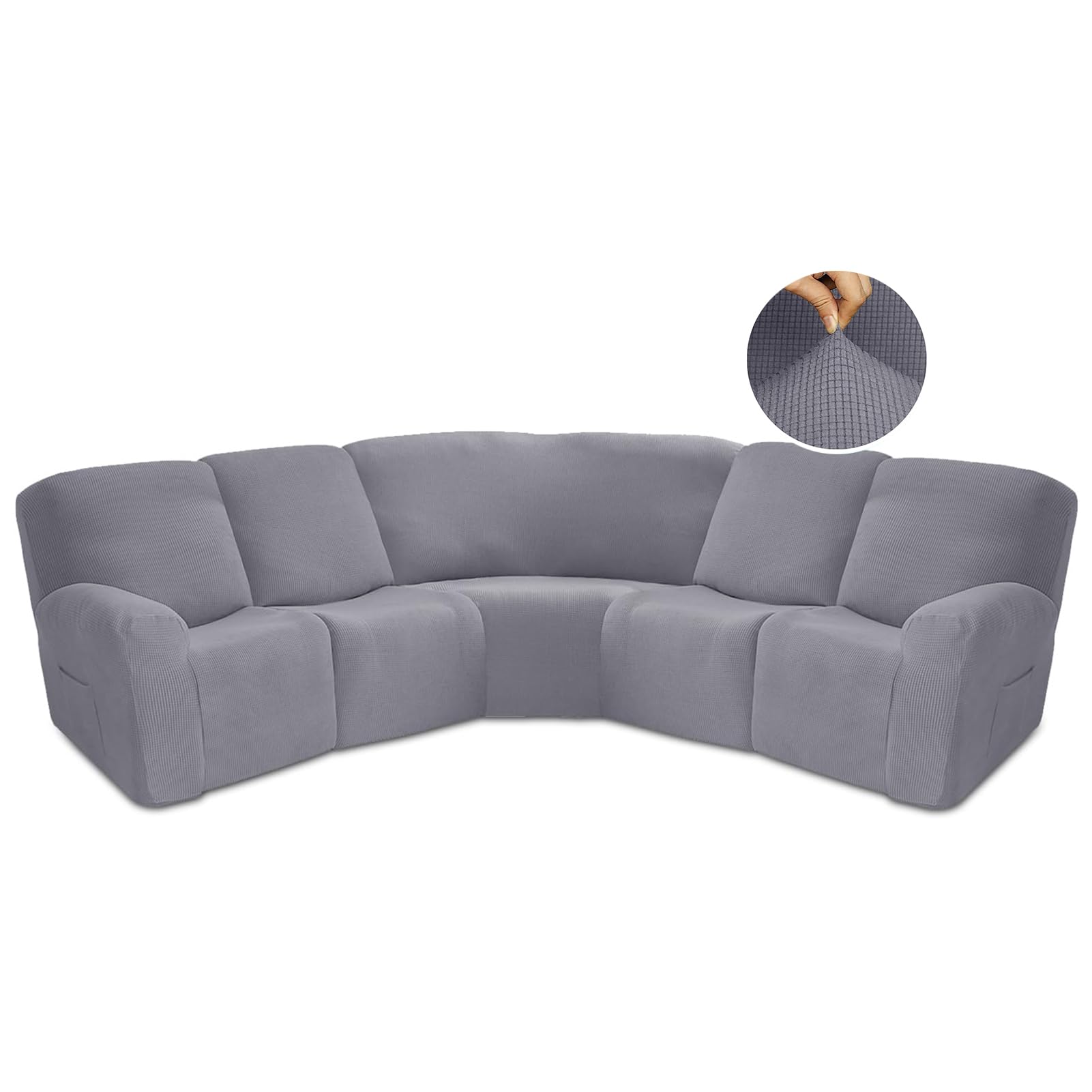 JUNLEBUYI Recliner Slipcover, L Shape Sectional Recliner Sofa Covers, 5 Seater Jacquard Stretch Reclining Couch Covers for Reclining L Shape Sofa, Thick, Soft, Washable (Grey)