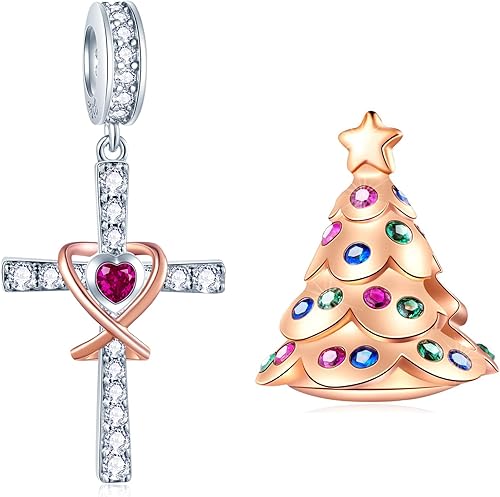 Juego de dijes de Navidad 2021 para pulseras de Navidad Pandora, dijes de árbol festivo de oro rosa y brillantes dijes de cruz de fe, juego de joyas