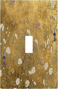 Decorative Switch Plate Covers Vintage White Flowers Birds on Golden Background 1 Gang Light Switch Cover Plate Single Toggle Wall Plate Outlet Covers Wall Plate for Home Decor