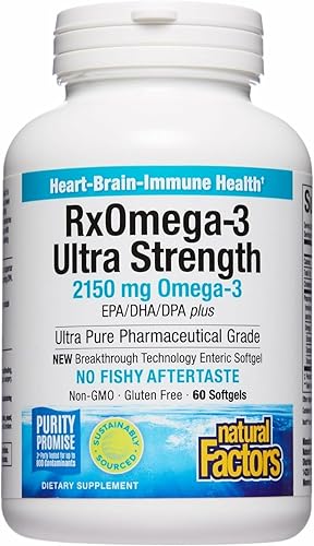 Natural Factors, Aceite de pescado ultra fuerte RxOmega-3, fórmula de alta potencia, 2,150 mg de omega-3 por porción, sin regusto a pescado, 60