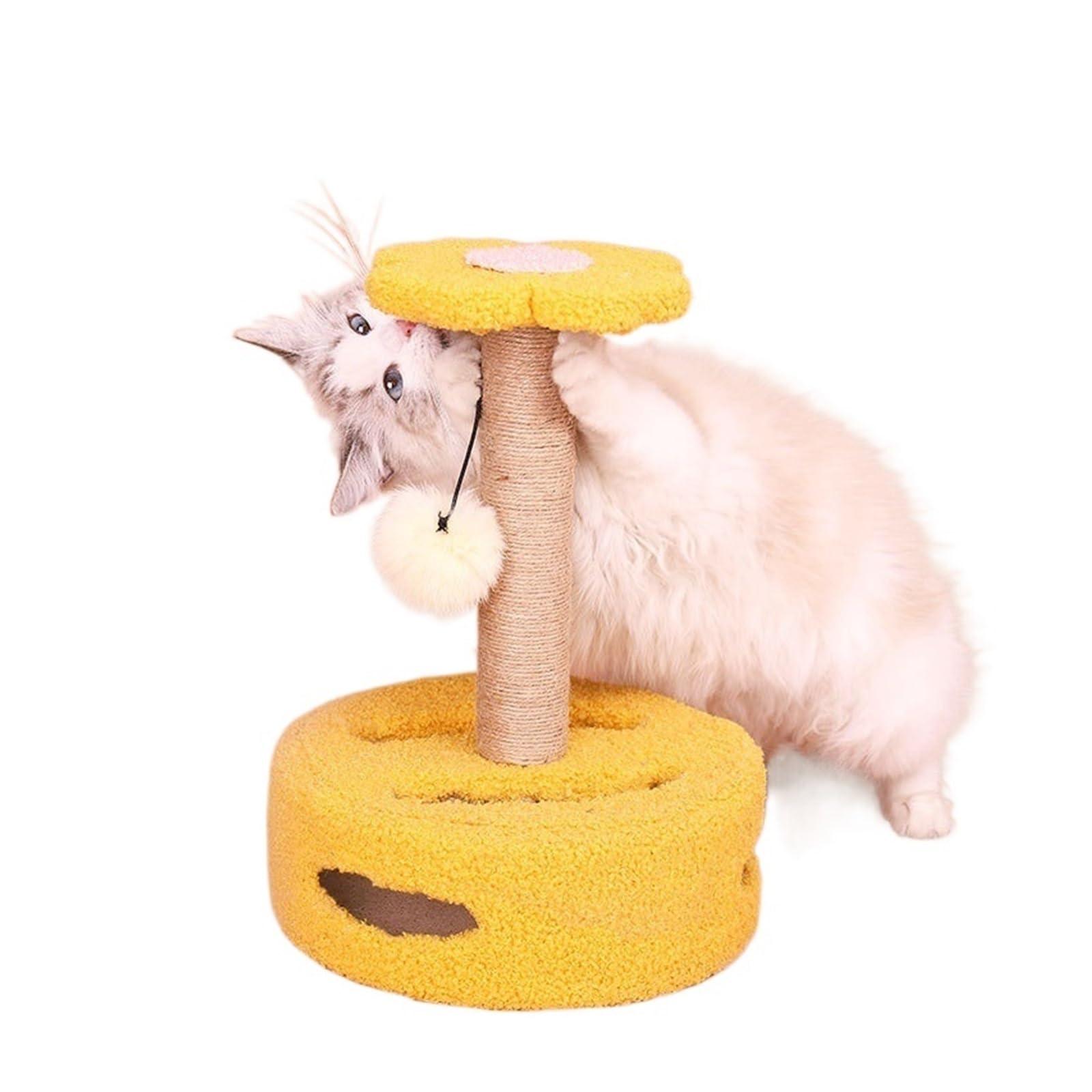 Arbre à chat avec griffoir en sisal jaune et plateau tournant en bois