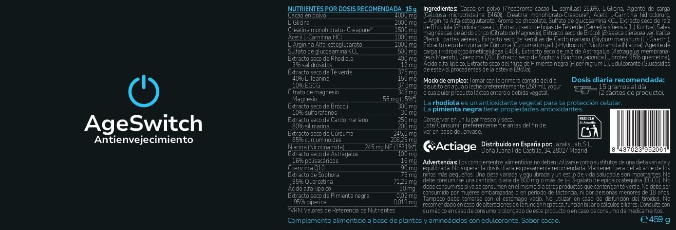 AgeSwitch Antienvejecimiento: Complemento Nutricional Premium, Protección Celular, Energía y Rendimiento Físico y Mental, Antioxidante Vegetal (Actiage: Vive más con más salud)