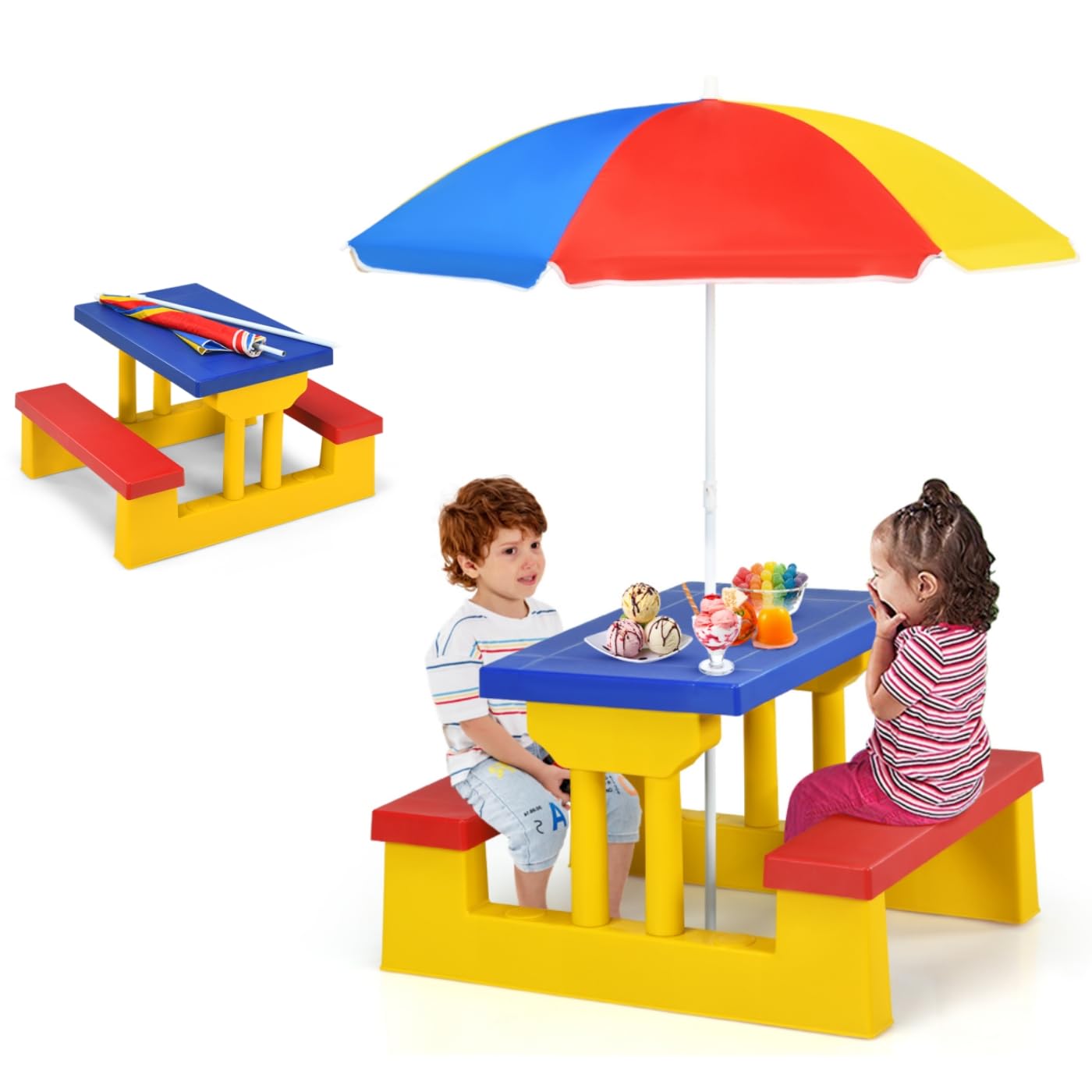MAT EXPERT Kids Picnic Table, Plastic Toddler Picnic Table & Chair Set w/Removable & Foldable & Height-Adjustable Umbrella, Children Patio Furniture, Kids Outdoor Table for Garden Backyard (Multi)