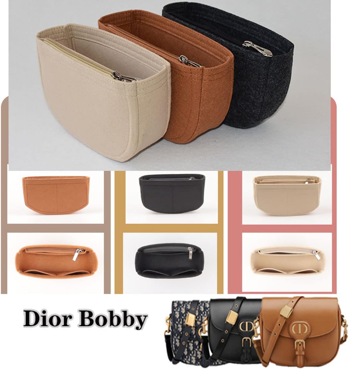 Lckaey Felt Insert Purse Organizer for saddle bag bobby liner bag handbag storage bag2045beige-M
