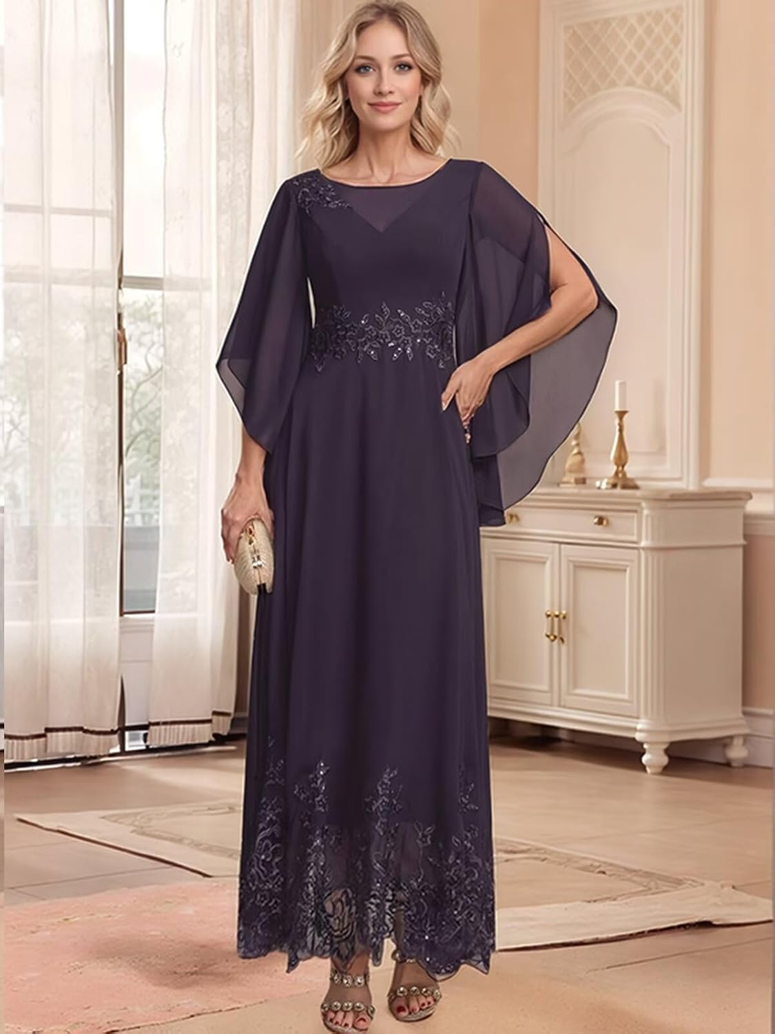 Lace Appliques Mother of The Bride Dress for Women Chiffon 3/4 Sleeve A Line Formal Evening Gown