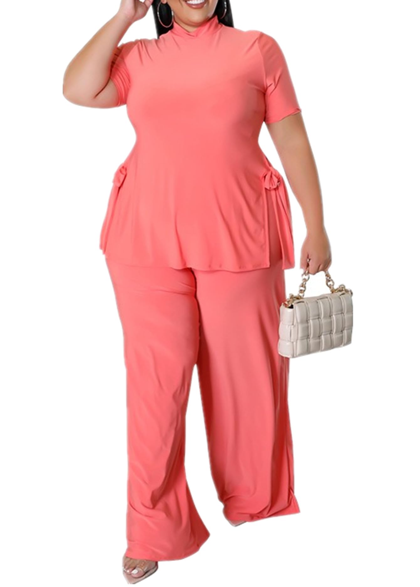 MRSFITOK Wide Leg 2 Piece Outfits for Women Sweatsuit Sexy Short Sleeve Split Shirt Pant Set Casual Tracksuits