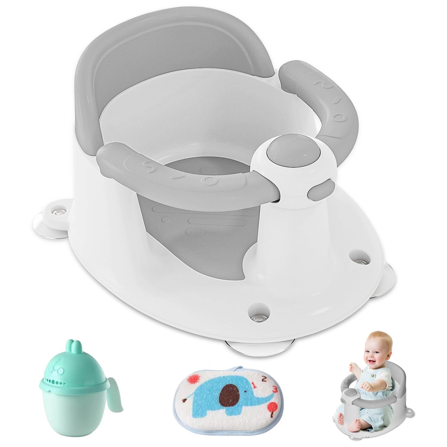 Seggiolino da Bagno Antiscivolo a Partire da 6 Mesi con 4 Potenti Ventose, Tazza e Spugna da Bagno, per Doccia o Vasca (Grigio)