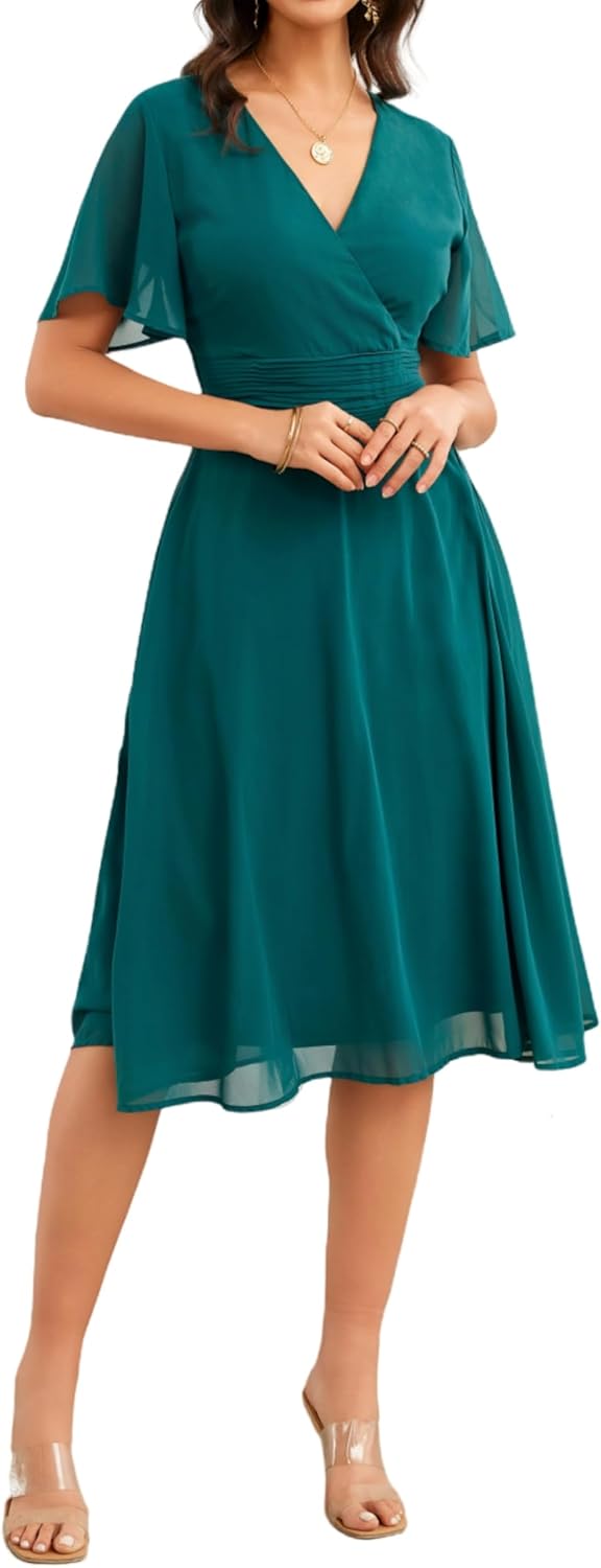 Women's Summer Elegant Chiffon Wrap V Neck Aline Dress