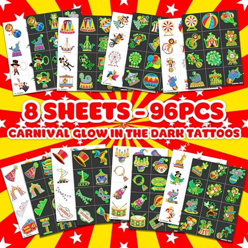 Image of 96 PCS Glow in the Dark Temporary Tattoos for Kids - Carnival Circus Clown | Animal Popcorn Fake Tattoos | Luminous Waterproof Stickers for Birthday Party Favors, Supplies & Decorations (Boys & Girls)