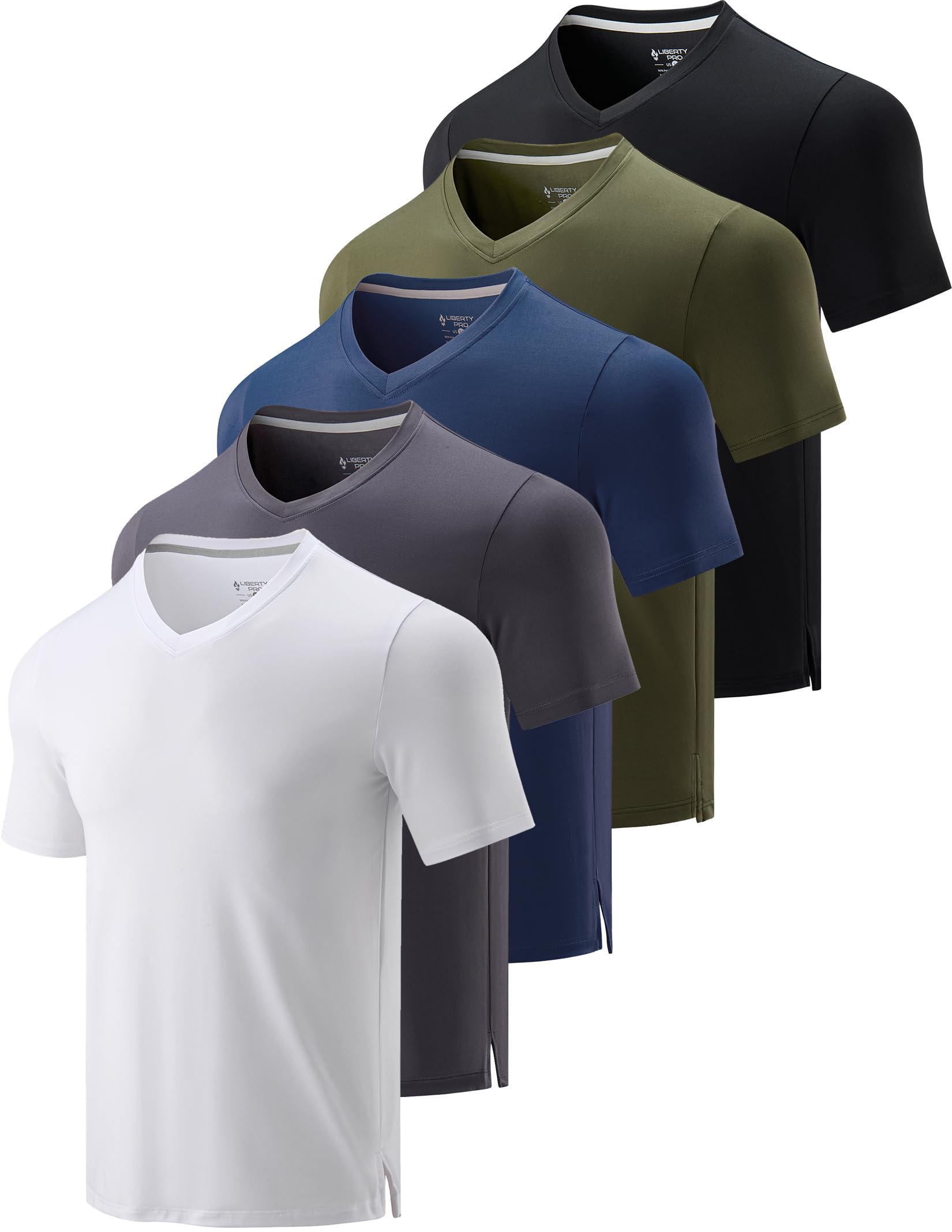5 Pack Mens V-Neck Dry Fit T-Shirts, Active Athletic Short Sleeve Workout Tops, Performance Gym Tees (Available in Plus Size), Black/White/Black/Steel Blue/Dark Gray, 3XL