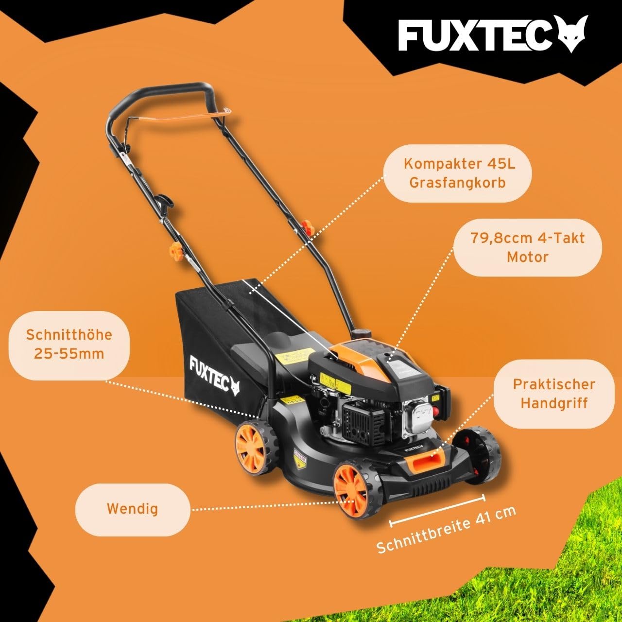 FUXTEC Benzin Rasenmäher FX-RM4180 • 79,8 cm³ 4-Takt Motor • 41 cm Schnittbreite für kleine Flächen • 45L Fangkorb • 3-stufige Schnitthöhe 25–55 mm • leichte 18kg