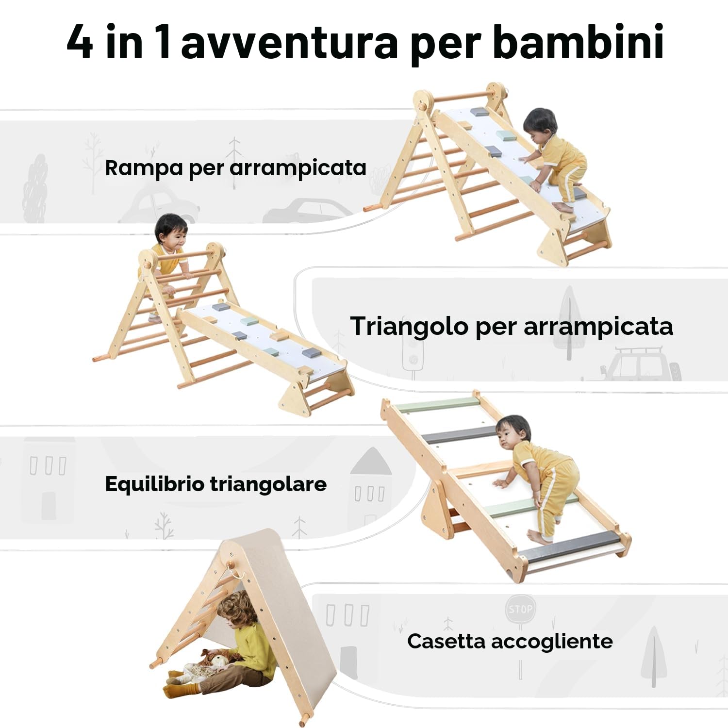 Mamabrum Parco Giochi in Legno con Scaletta e Parete da Arrampicata – Casa Multiattività con 3 Livelli di Regolazione, Triangolo Motorio, Capacità di Carico fino a 50 kg