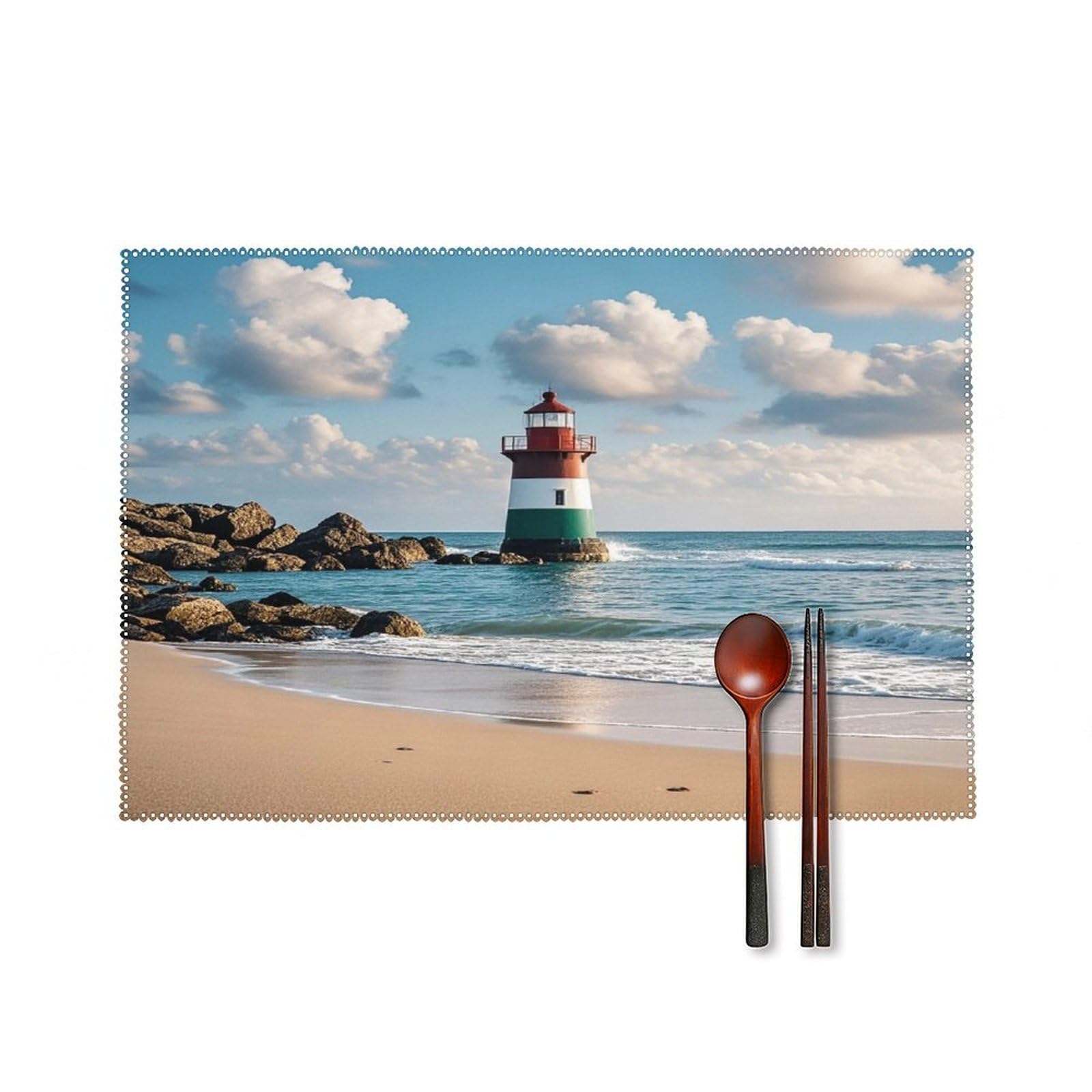 Sea Lighthouse Sandbeach Placemats Set of 4 Canvas Place Mats for Dining Table Square Non-Slip Table Mats Heat Resistant Washable Placemat for Kitchen Home Decor 12" X 18"