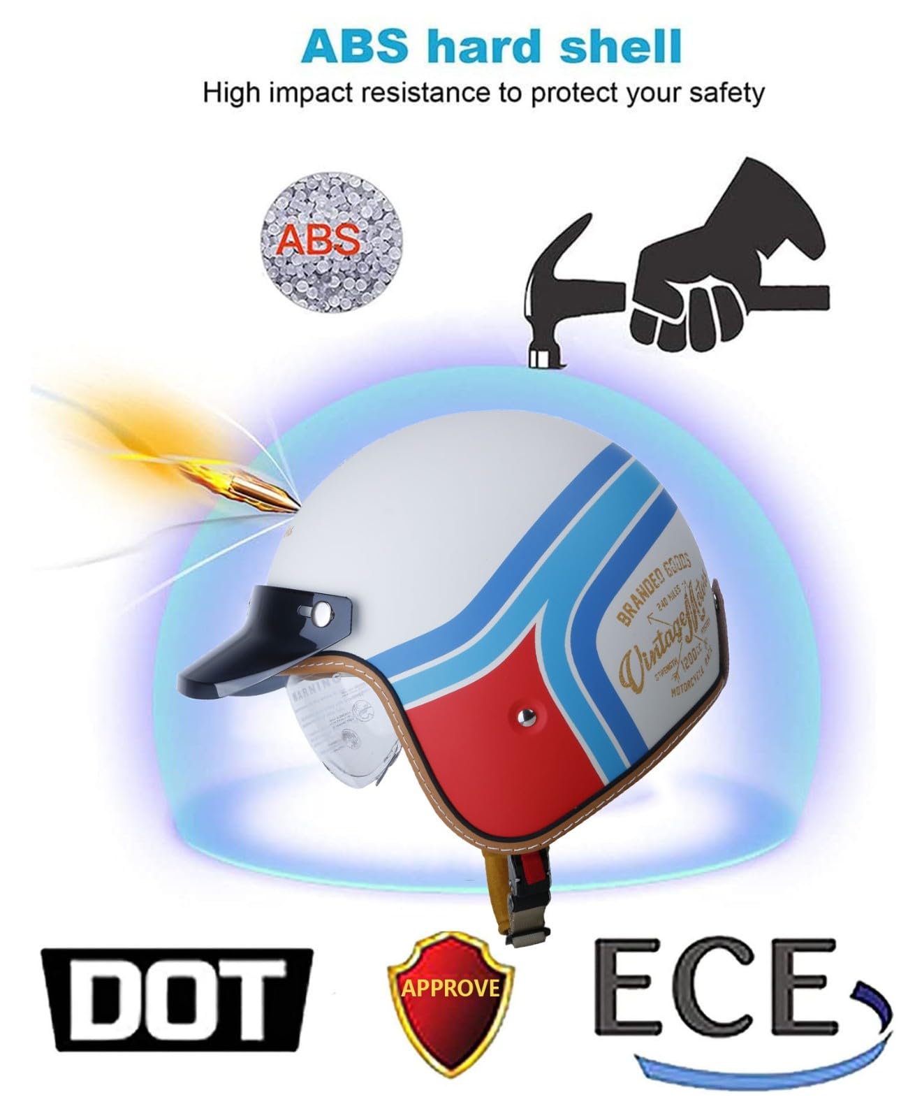 Casco De Motocicleta, Medio Casco Retro De Motocicleta De Cara Abierta 3/4 con Visera, para Hombres Y Mujeres, Scooter ATV Cruiser Casco Aprobado por ECE