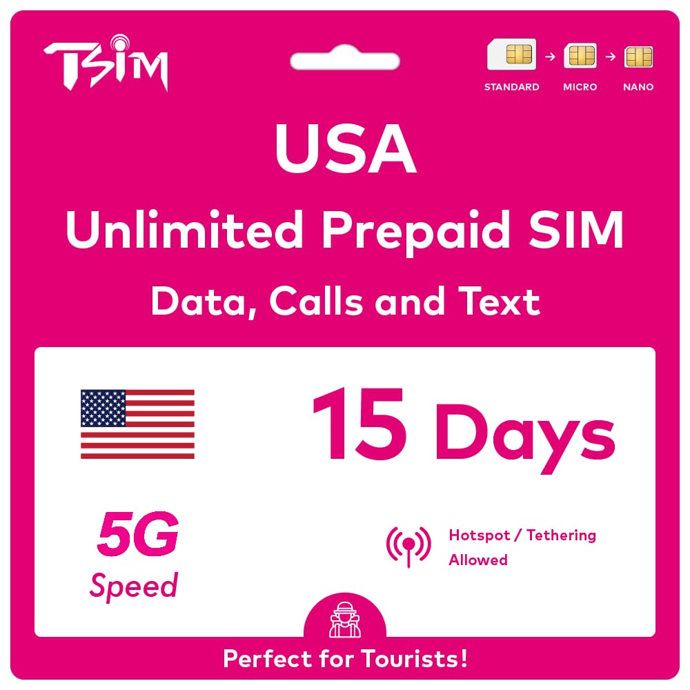 Scheda SIM USA valida per 15 giorni. Rete T-Mobile con dati illimitati ad alta velocità su 5G/4G/LTE | Chiamate e SMS locali illimitati negli Stati Uniti (inclusa Hawaii). Scheda SIM 5G!