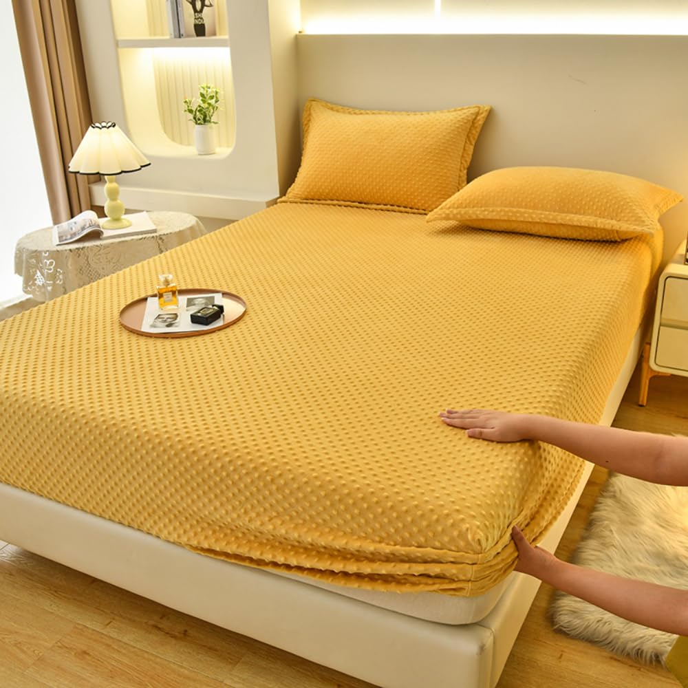 Cubrecolchón King Size De Fácil Cuidado, Protector De Colchón De Peluche De Color Sólido, Cubrecolchón Impermeable con Tiras Elásticas-Golden||200x220cm