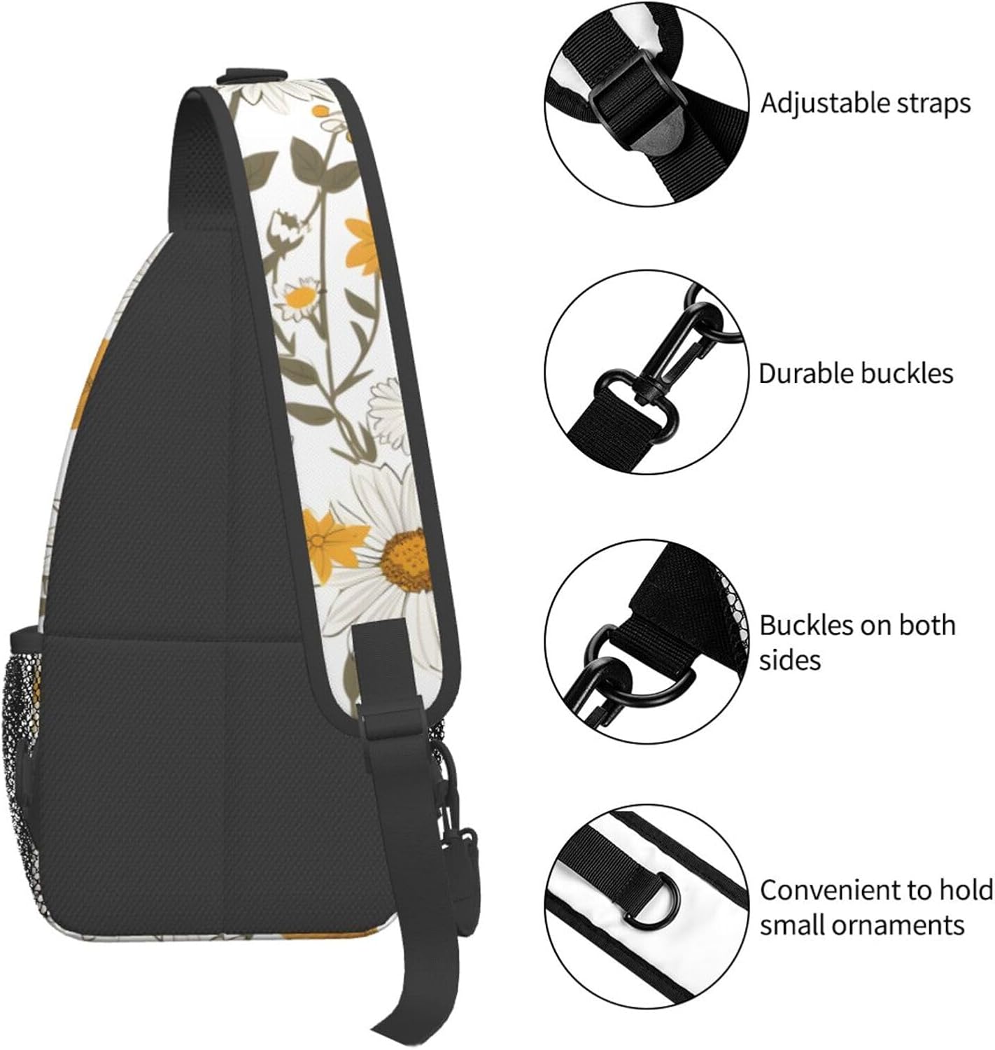 Yellow White Daisy Flower Crossbody Sling Bag for Men Women Sling Backpack Shoulder Bag Casual Hiking Daypack Chest Bag for Travel Outdoor Sports