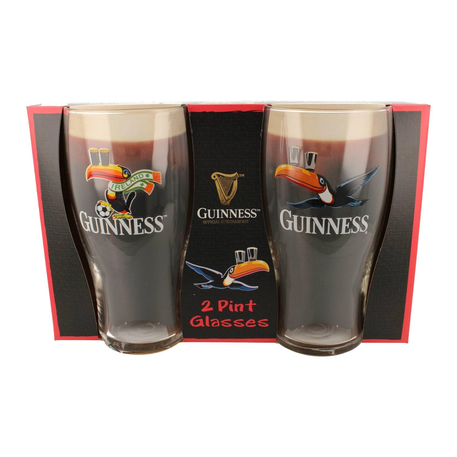 Guinness Lot de 2 verres à bière officiels – Toucan de football et toucan volant – Lot de 2 verres à bière irlandaise