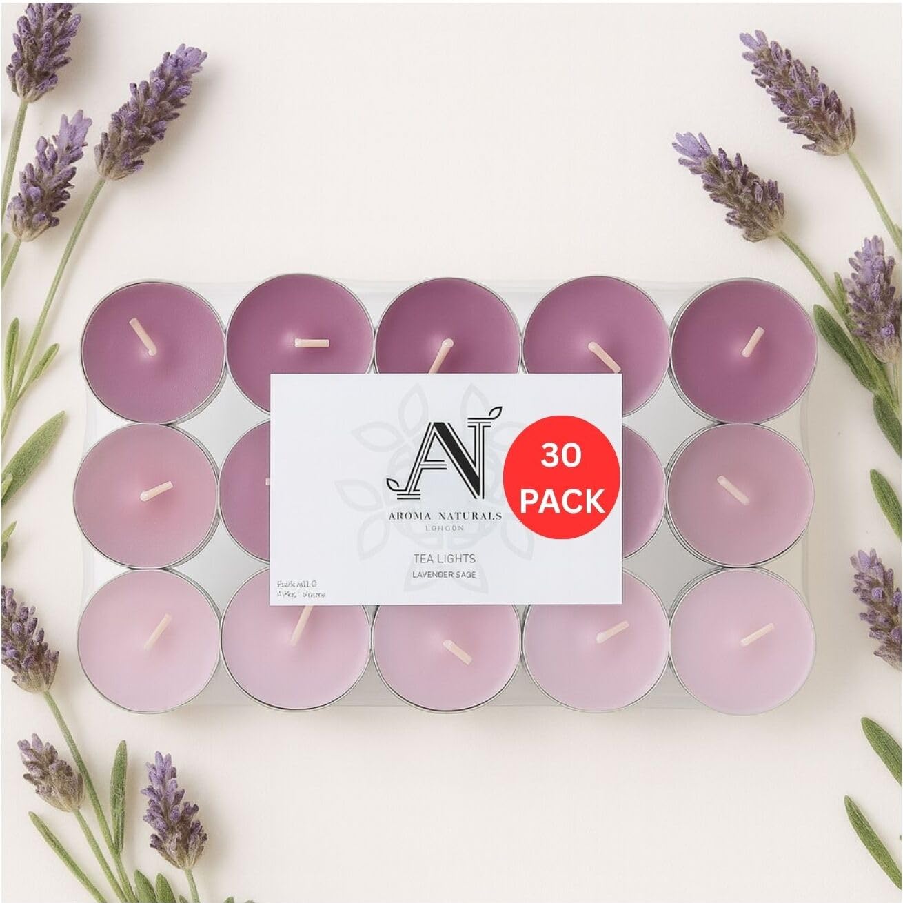 Aroma Naturals Three-Tone Coloured Wax London Scented Tealight Candles Bag | 4 Hour Burn Time | Standard Size D3.77 X H1.45cm | Three Tone Coloured Wax & Aluminium Cups | Pack Of 30 Tea Lights Scent (Lavender Sage)