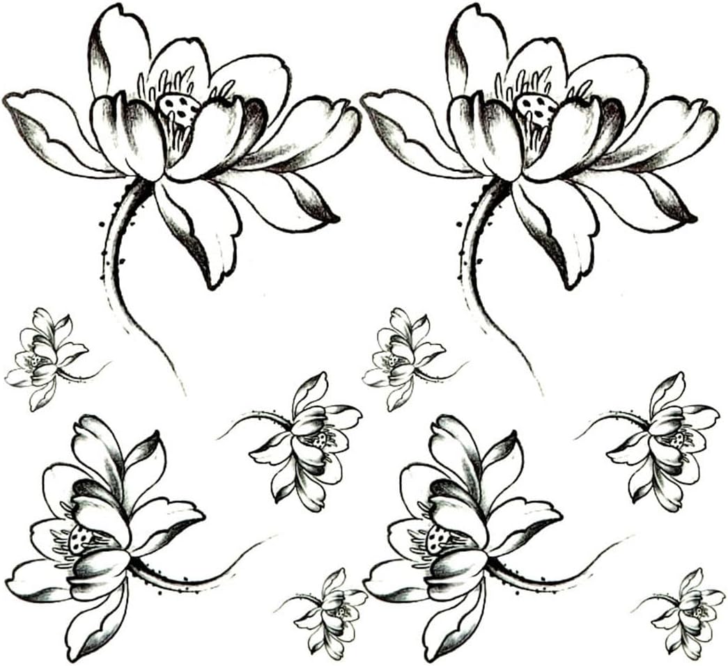 2 Sheets Black & White Lotus Temporary Tattoos for Adults, Floral Flower Fake Tattoo Stickers, Waterproof Long Lasting Body Art for Arm Wrist