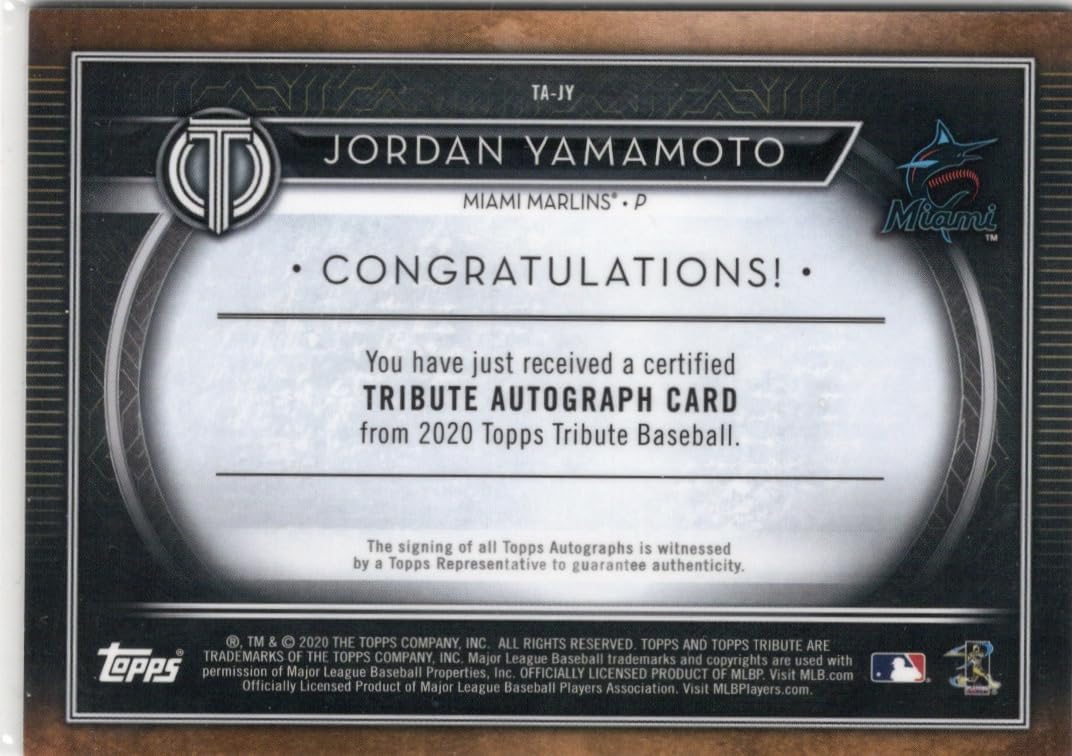 Jordan Yamamoto Autographed & Serial Numbered #25/50 Tribute Autograph Rookie Card Collectible Baseball Card - 2020 Topps Tribute Collection Baseball Card #TA- JT (Marlins)