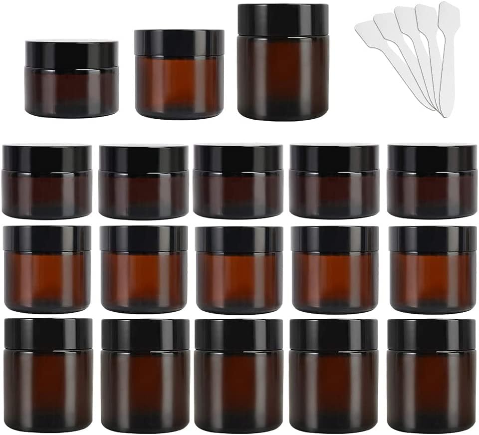 15 Pack Amber Glass Jar, 1 oz 2 oz 4 oz Round Empty Cosmetic Containers, Refillable Glass Travel Containers with Black Lids and White Inner Liners