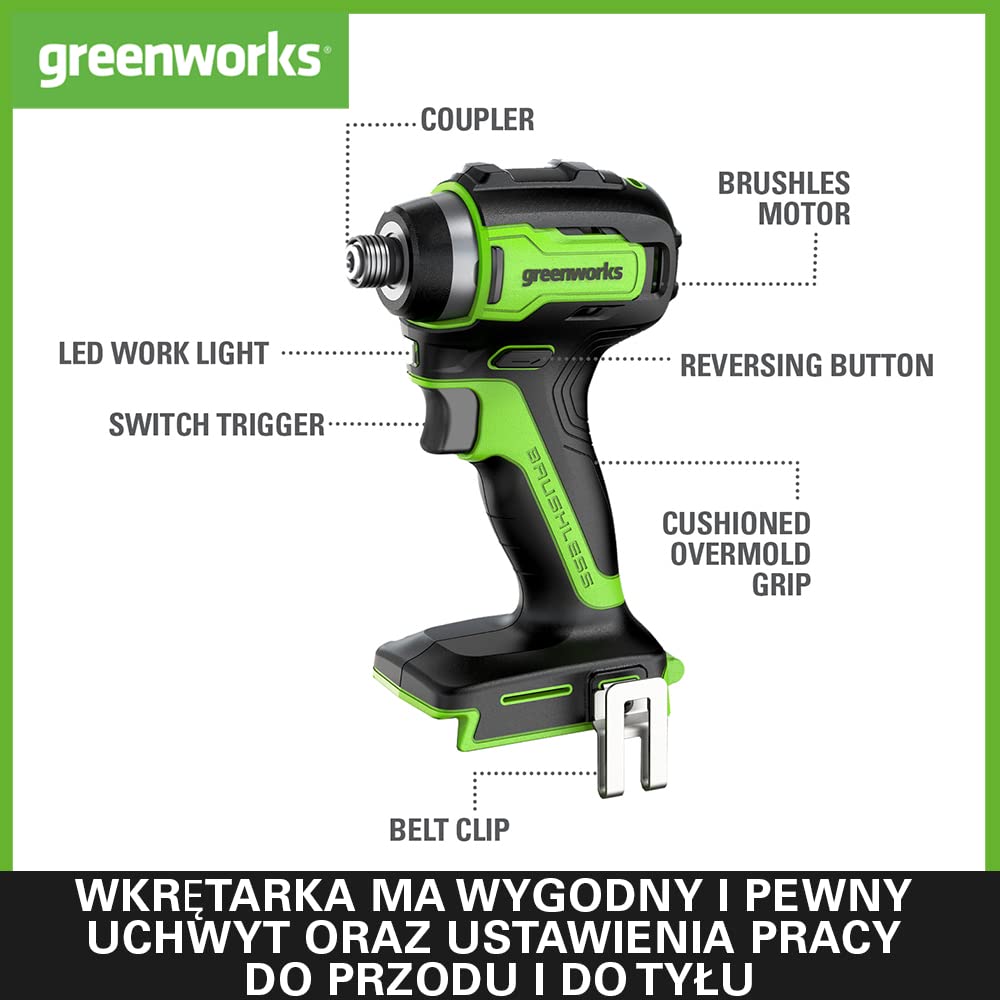 Greenworks GD24DD35K2 Akumulatorowa Wiertarko-Wkrętarka i Zakrętarka Udarowa GD24ID200 PLUS 2 x 24V 2 Ah Baterie i Ładowarka