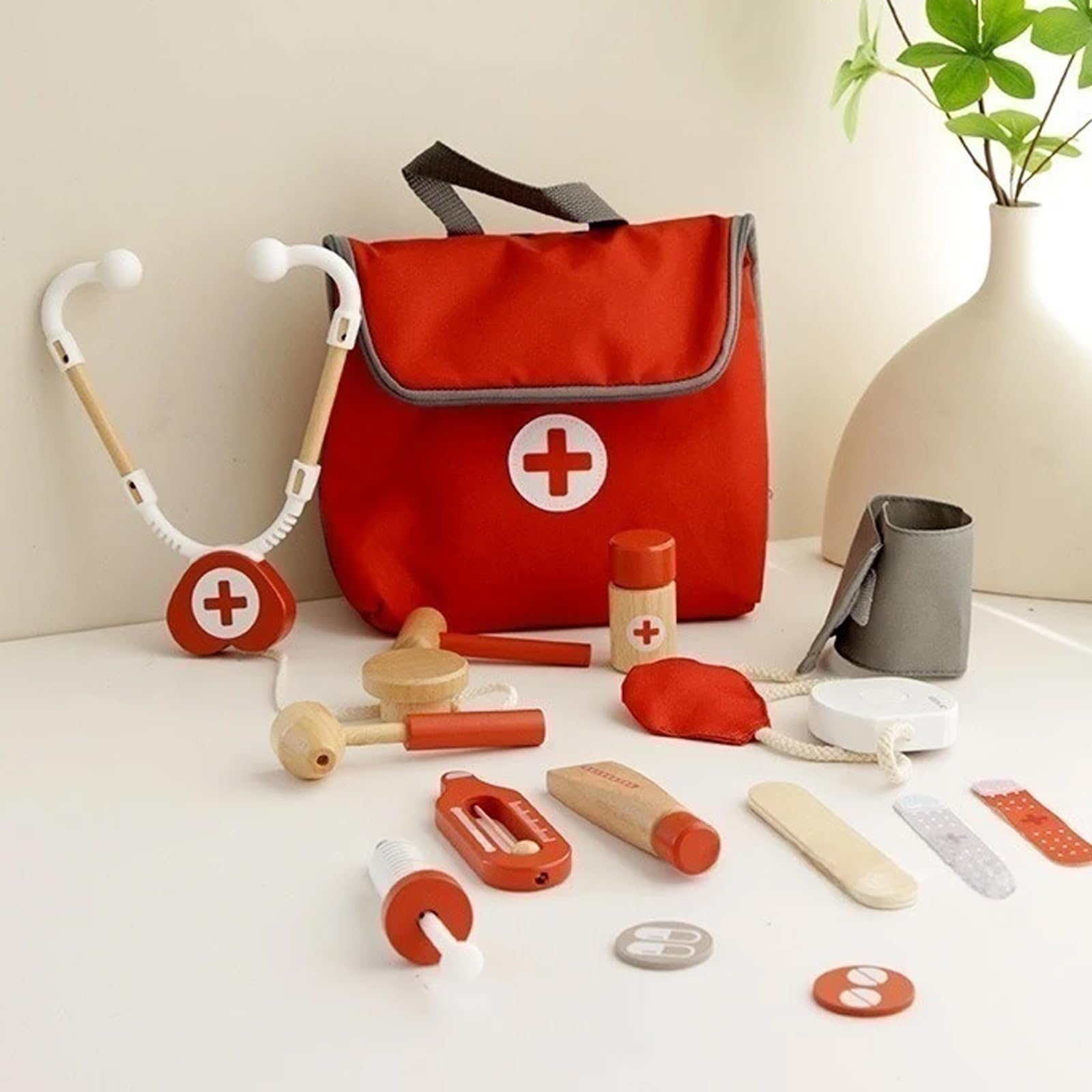 Set medico rosso in legno di simulazione kit educativo di simulazione medica con valigetta medica per gioco di ruolo e sviluppo dell'apprendimento precoce