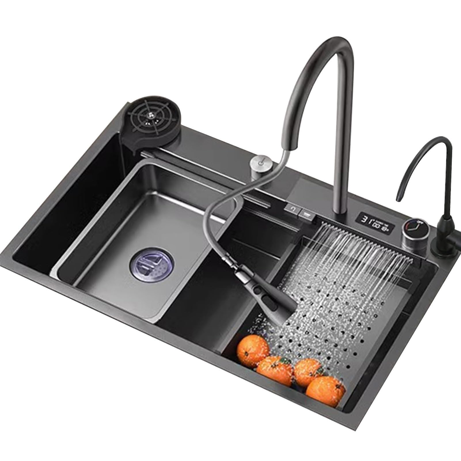 WBJGUOD 304 Stainless Steel Kitchen Sink with Waterfall Faucet & Digital Temperature Display - Large Capacity Workstation Kit(75x46cm)
