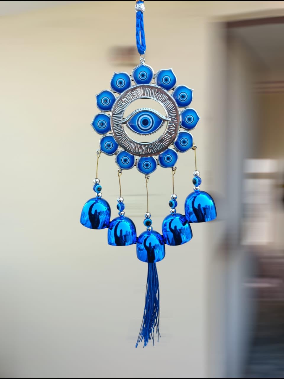 Evil Eye Wind Chime Wall Hanging with Bells and Tassel, Blue | 5 Hanging Bells, Floral Frame Design, Beaded Accents, Home Decor, Protective Charm-image-15