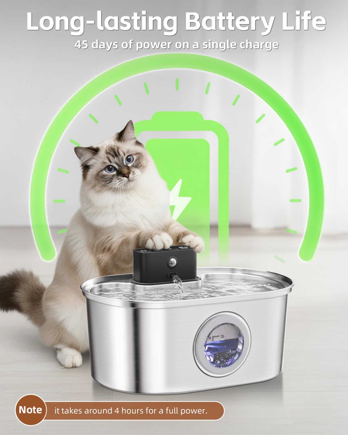 Cat Water Fountain Cordless, Stainless Steel Pet Water Fountain Wireless – 3.2L/108oz Battery Operated Automatic Water Dispenser for Cats Indoor, with Motion Sensor & Quiet Pump (4 Filter & Sponge) - image 8
