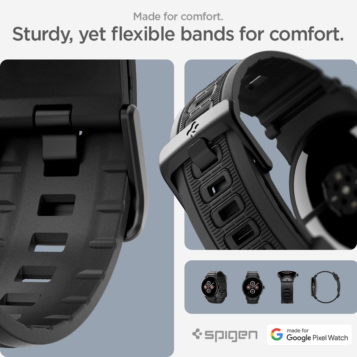 Spigen Wytrzymały pasek kompatybilny z Google Pixel Watch 3 45 mm (2024) - czarny matowy, Poliuretan termoplastyczny, poliwęglan, stal nierdzewna