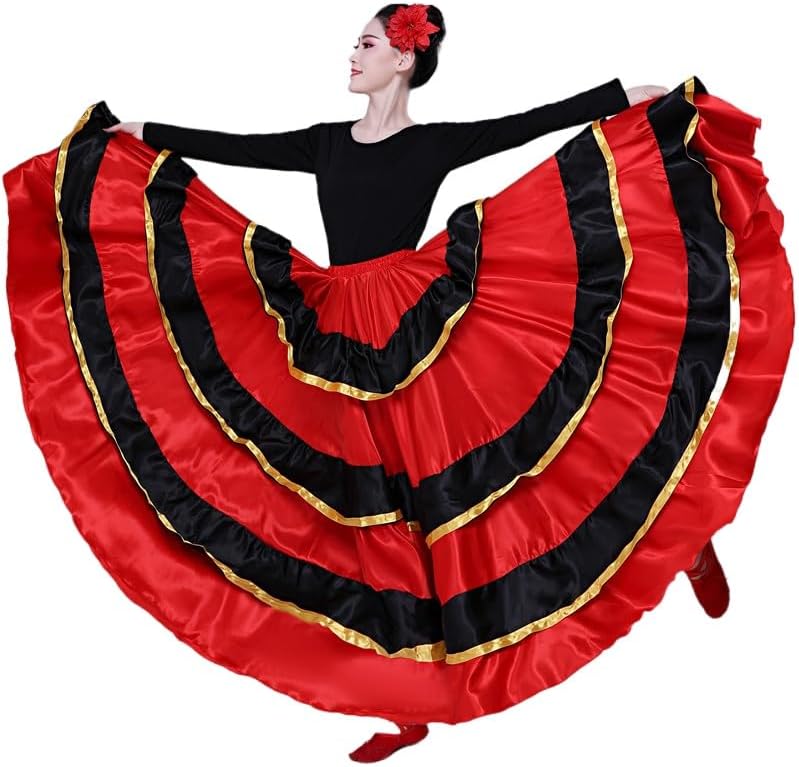 HEARTTOUCH Womens Spanish Bull Dance Skirt Flamenco Ruffle Layers Skirts Ballroom Twirling Long Swing Skirt Belly Dance Skirt
