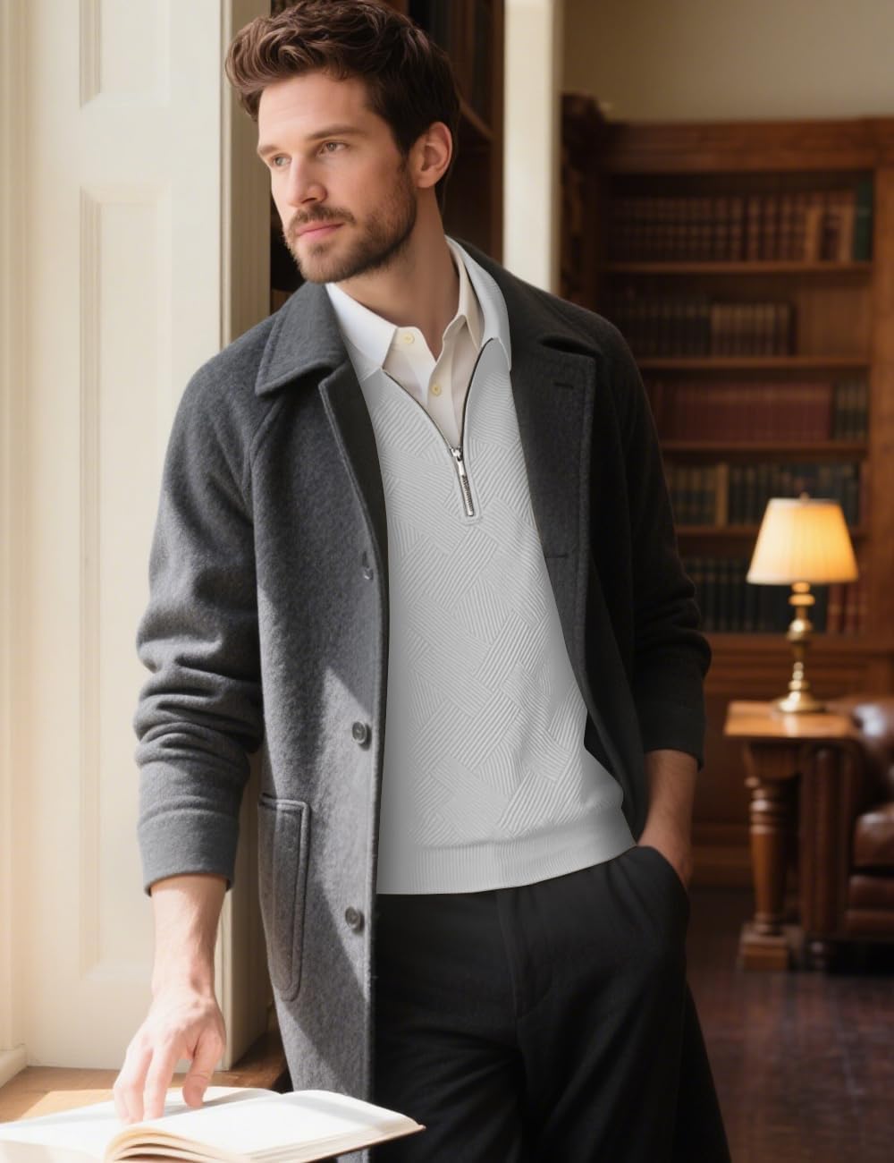 Men's Sweater Quarter Zip Striped Casual Long Sleeve Pullover Fall Winter Spring Color Block Polo Sweatshirts - Image 5